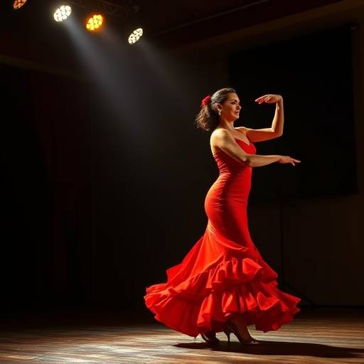 Bailarina de flamenco con un vestido rojo vibrante en un escenario &iacute;ntimo