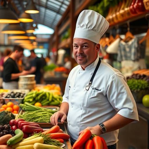 Chef mostrando ingredientes frescos en un mercado local de La Boquer&iacute;a, Barcelona
