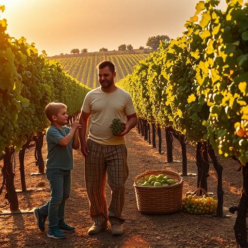 Familia de agricultores vendimiando uvas en una bodega de La Rioja