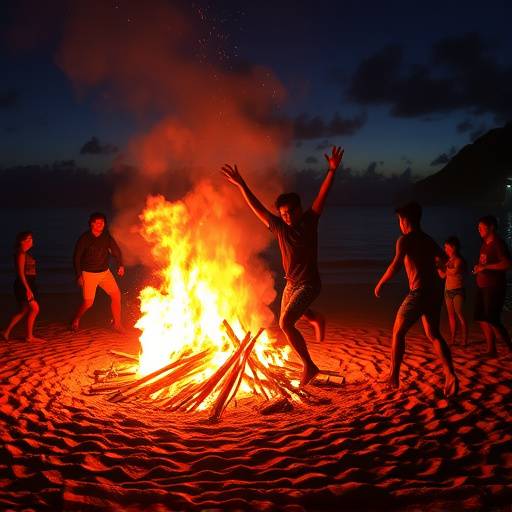 Gente saltando sobre hogueras en una playa durante la Noche de San Juan