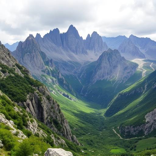 Paisaje de los Picos de Europa con monta&ntilde;as escarpadas y vegetaci&oacute;n
