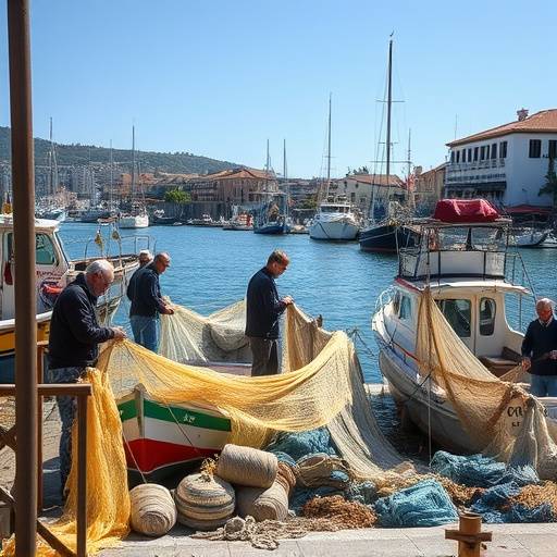 Pescadores locales reparando redes en un puerto del norte de Espa&ntilde;a