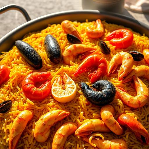 Plato de paella valenciana con mariscos y arroz dorado