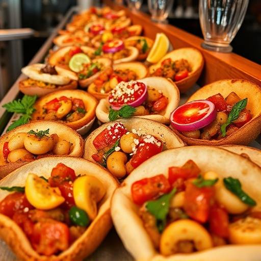 Variedad de tapas coloridas y apetitosas en una barra de bar espa&ntilde;ola