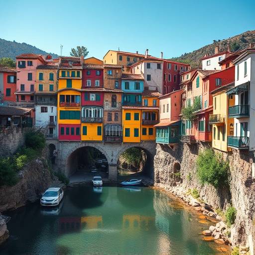 Vista de las coloridas casas colgantes de Cuenca sobre el r&iacute;o