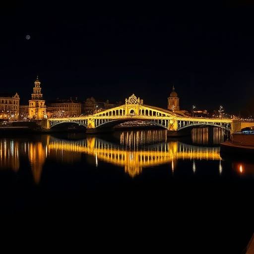 Vista nocturna del Puente de Triana y el r&iacute;o Guadalquivir en Sevilla